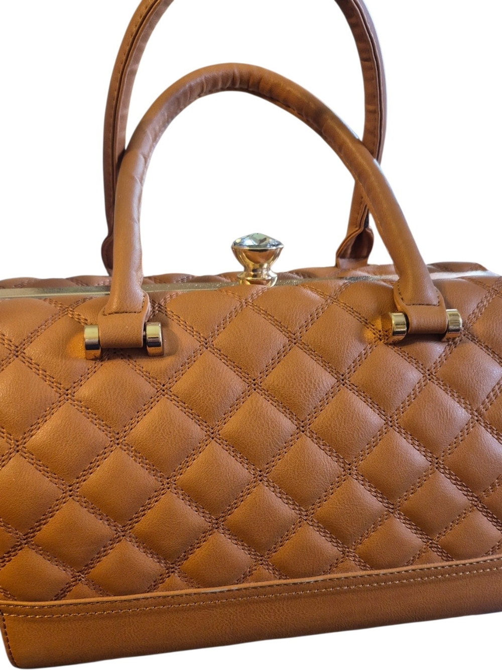 Quilted Faux Leather Handbag Diamond Shaped Closure